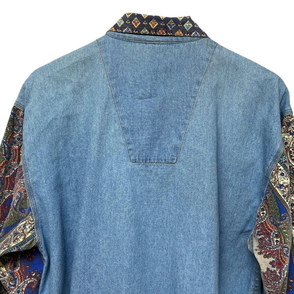 Vintage Denim Shirt Large Patchwork Western Snap Buttons Blue Womens Button Up - Picture 3 of 13